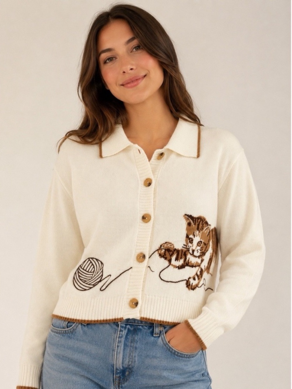 Anthropologie Calligraphie Novelty Knit Cat Sweater Cardigan Grandma Cream XL